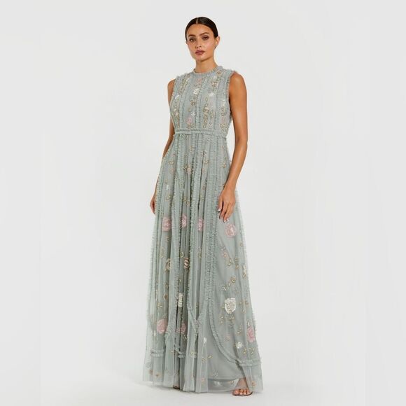 MAC DUGGAL  9360 Green Floral Mesh Sleeveless A Line Micro Ruffle Gown Dress - Picture 2 of 14